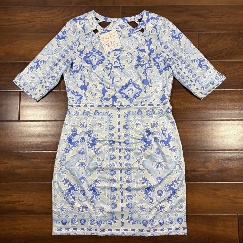Gretchen Scott Women's Size Large Blue Patterned Peek a Boo Jersey Dress